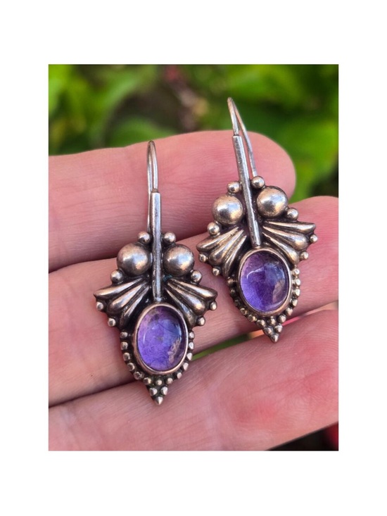 Vintage Jewelry - Vintage Sterling Silver Bohemian Bubble Bezel Set Amethyst Cabochon Earrings